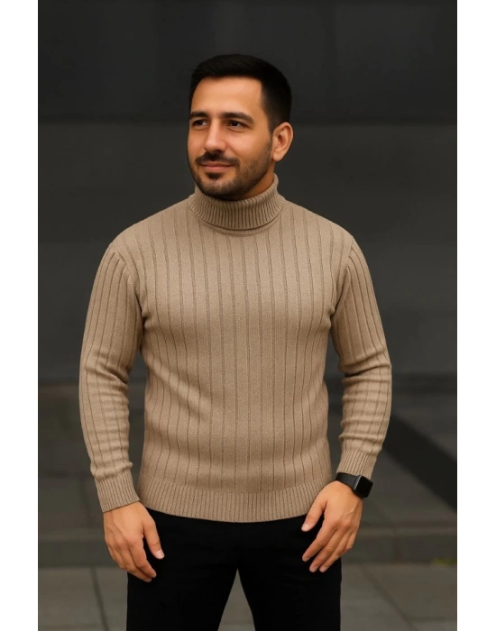 Erkek Balıkcı Yaka Bağazlı Triko Kazak Pamuklu Kalın Fitilli Dokuma, Regular Fit Uzun Kollu Kışlık odel  Bej