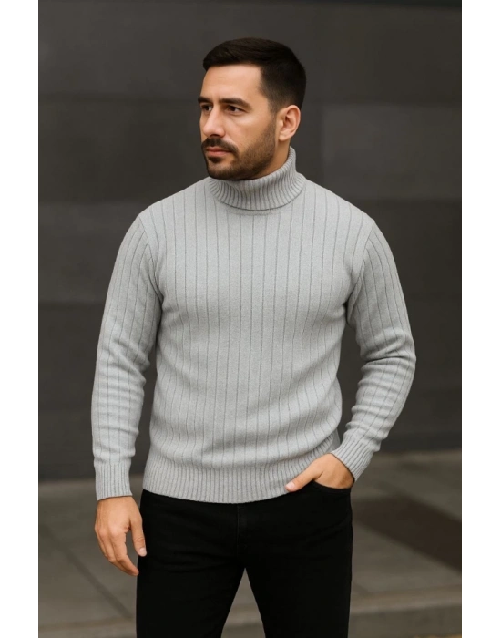 Erkek Balıkcı Yaka Bağazlı Triko Kazak Pamuklu Kalın Fitilli Dokuma, Regular Fit Uzun Kollu Kışlık odel  Gri
