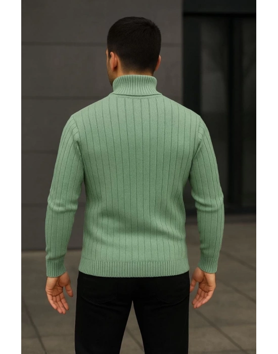 Erkek Balıkcı Yaka Bağazlı Triko Kazak Pamuklu Kalın Fitilli Dokuma, Regular Fit Uzun Kollu Kışlık odel  int Yeşili
