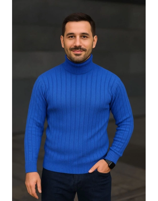 Erkek Balıkcı Yaka Bağazlı Triko Kazak Pamuklu Kalın Fitilli Dokuma, Regular Fit Uzun Kollu Kışlık odel  aks avisi