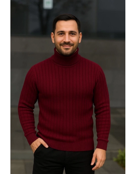 Erkek Balıkcı Yaka Bağazlı Triko Kazak Pamuklu Kalın Fitilli Dokuma, Regular Fit Uzun Kollu Kışlık odel  Bordo