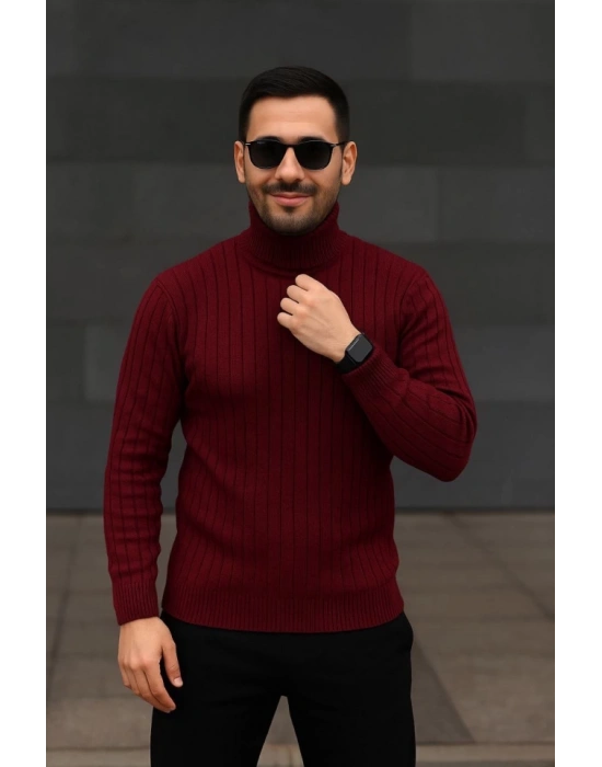 Erkek Balıkcı Yaka Bağazlı Triko Kazak Pamuklu Kalın Fitilli Dokuma, Regular Fit Uzun Kollu Kışlık odel  Bordo