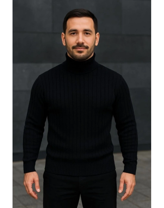 Erkek Balıkcı Yaka Bağazlı Triko Kazak Pamuklu Kalın Fitilli Dokuma, Regular Fit Uzun Kollu Kışlık odel  iyah