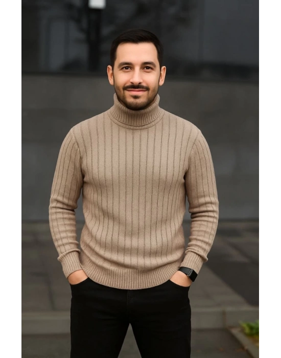 Erkek Balıkcı Yaka Bağazlı Triko Kazak Pamuklu Kalın Fitilli Dokuma, Regular Fit Uzun Kollu Kışlık odel  Bej