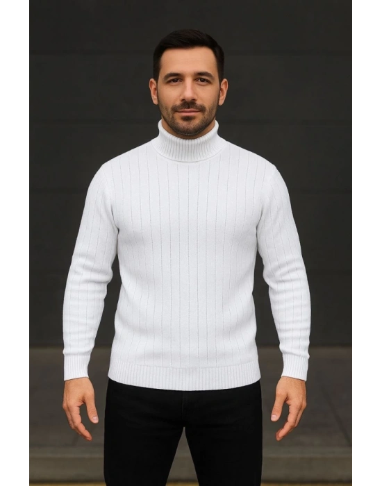 Erkek Balıkcı Yaka Bağazlı Triko Kazak Pamuklu Kalın Fitilli Dokuma, Regular Fit Uzun Kollu Kışlık Model  Beyaz