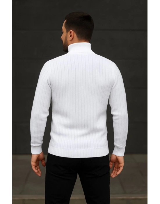Erkek Balıkcı Yaka Bağazlı Triko Kazak Pamuklu Kalın Fitilli Dokuma, Regular Fit Uzun Kollu Kışlık Model  Beyaz