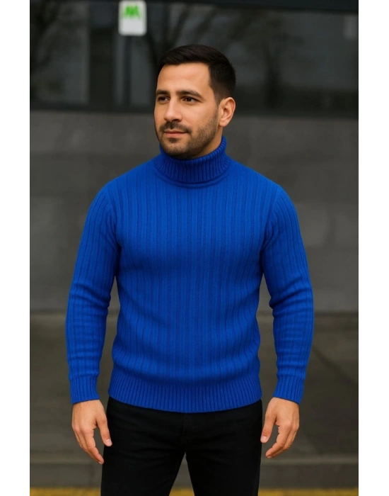 Erkek Balıkcı Yaka Bağazlı Triko Kazak Pamuklu Kalın Fitilli Dokuma, Regular Fit Uzun Kollu Kışlık odel  aks avisi