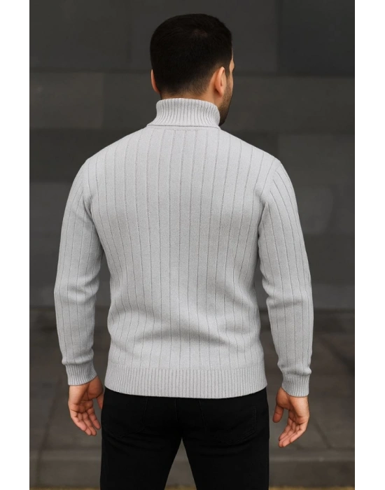 Erkek Balıkcı Yaka Bağazlı Triko Kazak Pamuklu Kalın Fitilli Dokuma, Regular Fit Uzun Kollu Kışlık odel  Gri