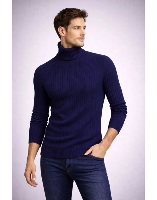 Erkek Balıkcı Yaka Bağazlı Triko Kazak Pamuklu Kalın Fitilli Dokuma, Regular Fit Uzun Kollu Kışlık odel  acivert