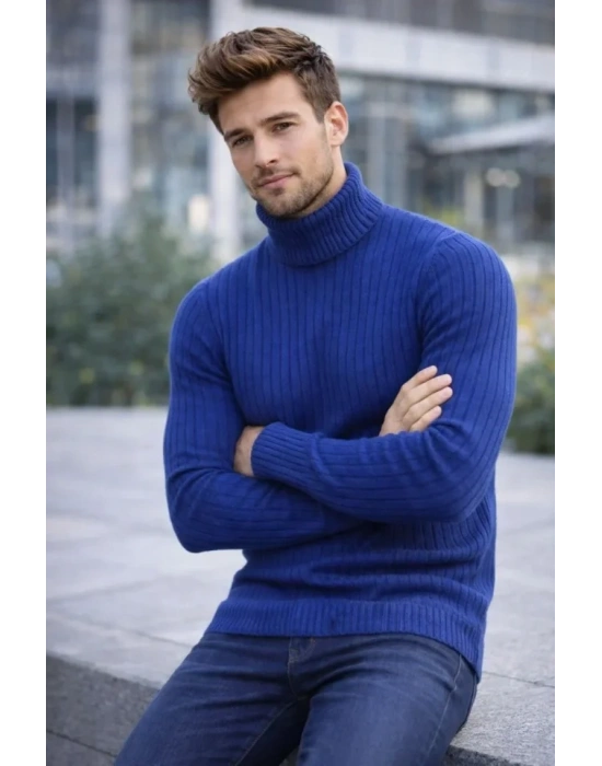 Erkek Balıkcı Yaka Bağazlı Triko Kazak Pamuklu Kalın Fitilli Dokuma, Regular Fit Uzun Kollu Kışlık odel  İndigo