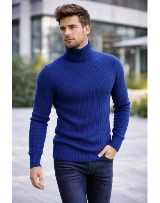 Erkek Balıkcı Yaka Bağazlı Triko Kazak Pamuklu Kalın Fitilli Dokuma, Regular Fit Uzun Kollu Kışlık odel  İndigo
