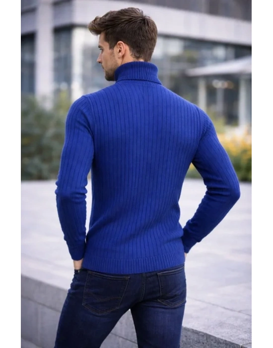 Erkek Balıkcı Yaka Bağazlı Triko Kazak Pamuklu Kalın Fitilli Dokuma, Regular Fit Uzun Kollu Kışlık odel  İndigo