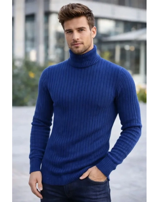 Erkek Balıkcı Yaka Bağazlı Triko Kazak Pamuklu Kalın Fitilli Dokuma, Regular Fit Uzun Kollu Kışlık odel  İndigo