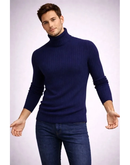 Erkek Balıkcı Yaka Bağazlı Triko Kazak Pamuklu Kalın Fitilli Dokuma, Regular Fit Uzun Kollu Kışlık odel  acivert