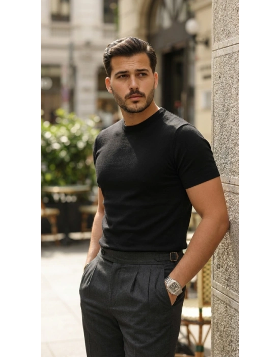 Erkek Basic Bisiklet Yaka Kısa Kollu Triko Tişört  %100 Pamuk Akrilik