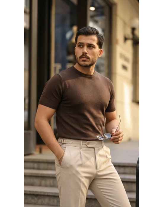 Erkek Basic Bisiklet Yaka Kısa Kollu Triko Tişört  %100 Pamuk Akrilik