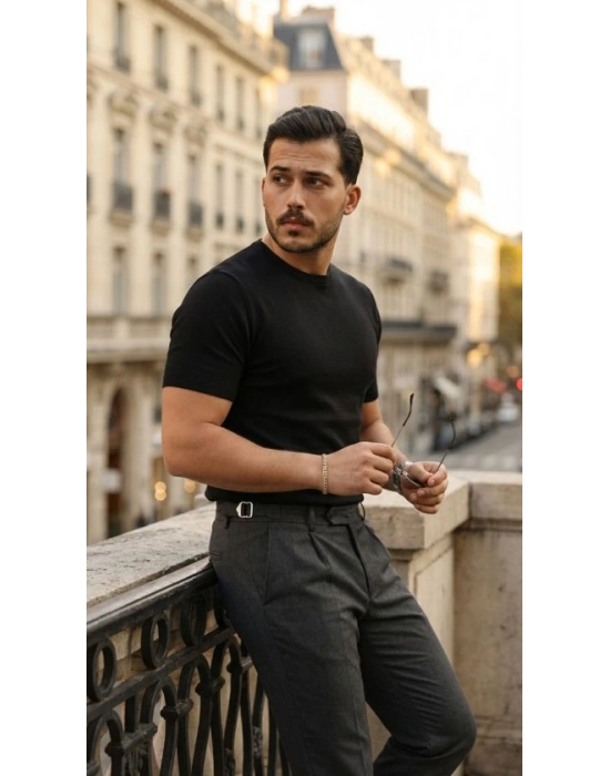 Erkek Basic Bisiklet Yaka Kısa Kollu Triko Tişört  %100 Pamuk Akrilik