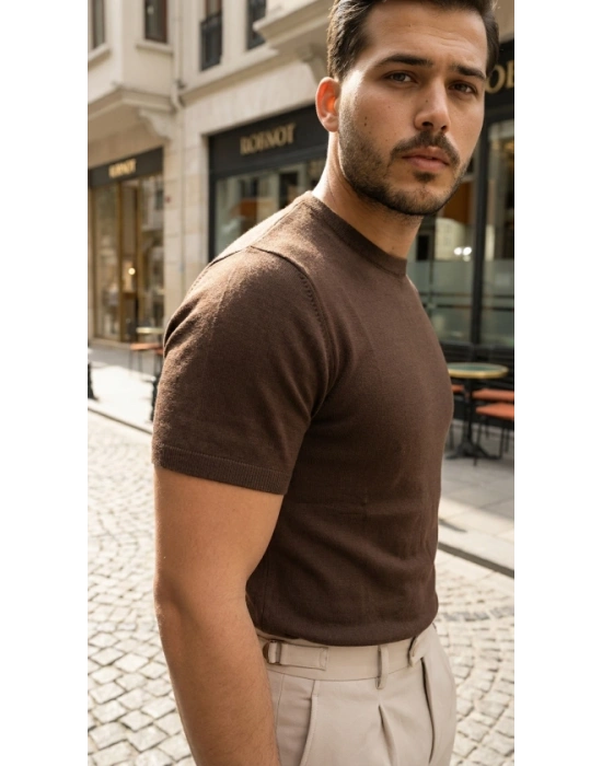 Erkek Basic Bisiklet Yaka Kısa Kollu Triko Tişört  %100 Pamuk Akrilik