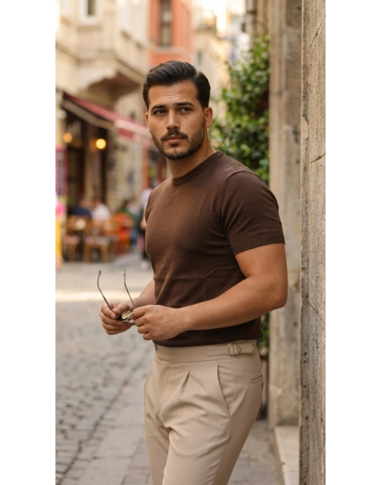 Erkek Basic Bisiklet Yaka Kısa Kollu Triko Tişört  %100 Pamuk Akrilik