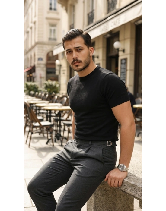 Erkek Basic Bisiklet Yaka Kısa Kollu Triko Tişört  %100 Pamuk Akrilik