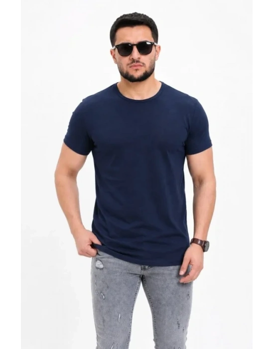 Erkek Basic Tişört Bisiklet Yaka Kısa Kol Günlük Yazlık lim Fit Thirt  acivert