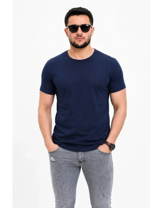 Erkek Basic Tişört Bisiklet Yaka Kısa Kol Günlük Yazlık lim Fit Thirt  acivert
