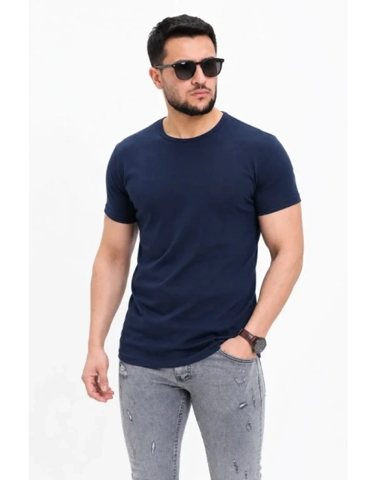 Erkek Basic Tişört Bisiklet Yaka Kısa Kol Günlük Yazlık lim Fit Thirt  acivert