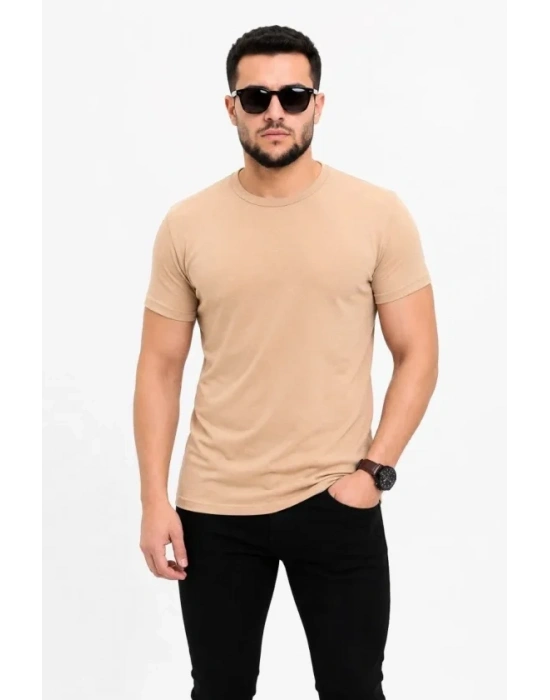 Erkek Basic Tişört Bisiklet Yaka Kısa Kol Günlük Yazlık lim Fit Thirt  Bej