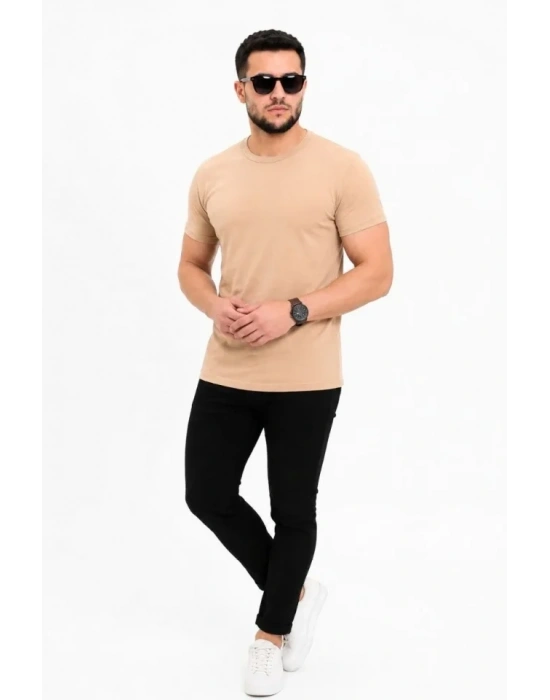 Erkek Basic Tişört Bisiklet Yaka Kısa Kol Günlük Yazlık lim Fit Thirt  Bej