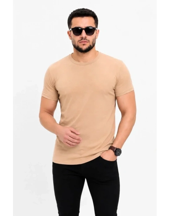 Erkek Basic Tişört Bisiklet Yaka Kısa Kol Günlük Yazlık lim Fit Thirt  Bej