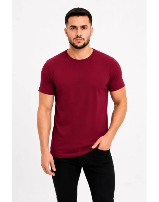 Erkek Basic Tişört Bisiklet Yaka Kısa Kol Günlük Yazlık lim Fit Thirt  Bordo