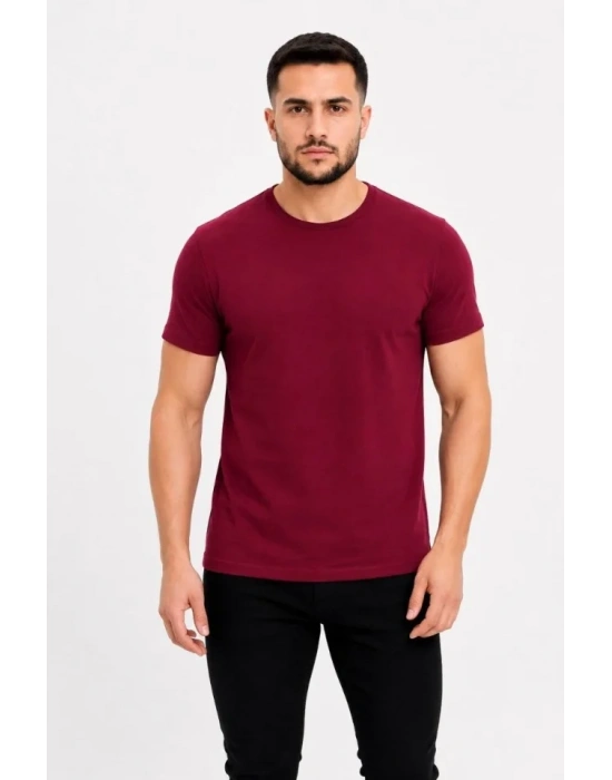 Erkek Basic Tişört Bisiklet Yaka Kısa Kol Günlük Yazlık lim Fit Thirt  Bordo