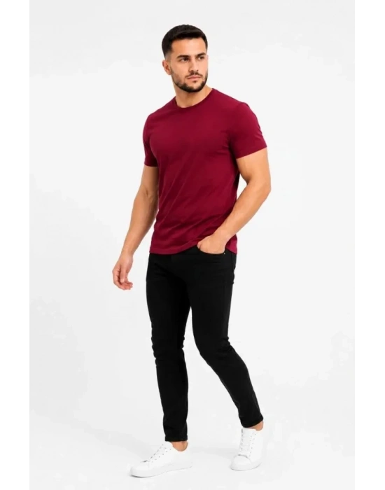 Erkek Basic Tişört Bisiklet Yaka Kısa Kol Günlük Yazlık lim Fit Thirt  Bordo