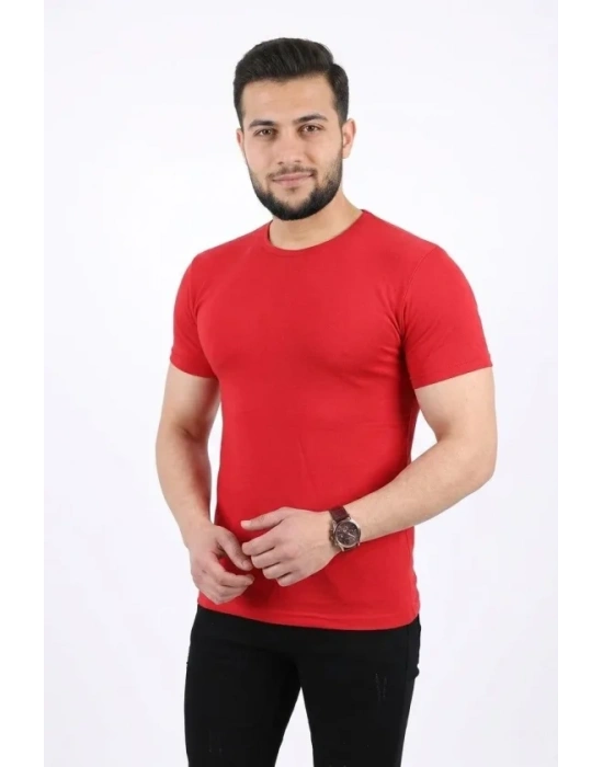 Erkek Basic Tişört Bisiklet Yaka Kısa Kol Günlük Yazlık lim Fit Thirt  Kırmızı
