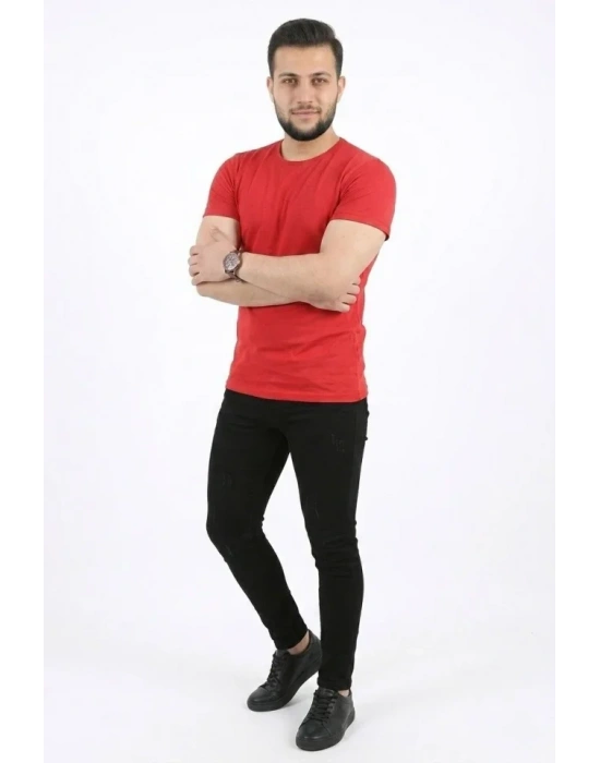 Erkek Basic Tişört Bisiklet Yaka Kısa Kol Günlük Yazlık lim Fit Thirt  Kırmızı
