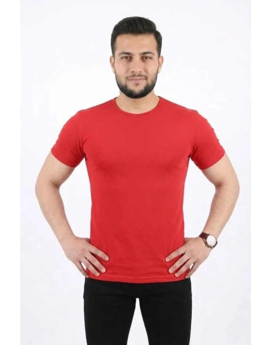 Erkek Basic Tişört Bisiklet Yaka Kısa Kol Günlük Yazlık lim Fit Thirt  Kırmızı