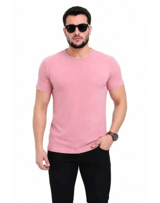 Erkek Basic Tişört Bisiklet Yaka Kısa Kol Günlük Yazlık lim Fit Thirt  Pembe
