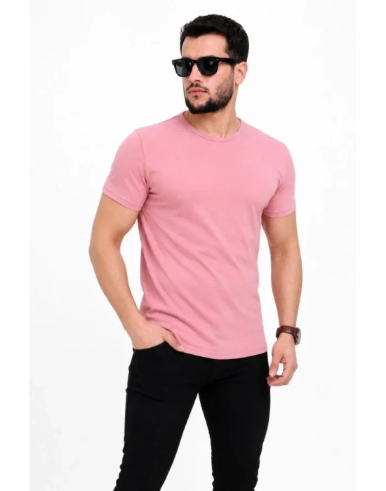 Erkek Basic Tişört Bisiklet Yaka Kısa Kol Günlük Yazlık lim Fit Thirt  Pembe