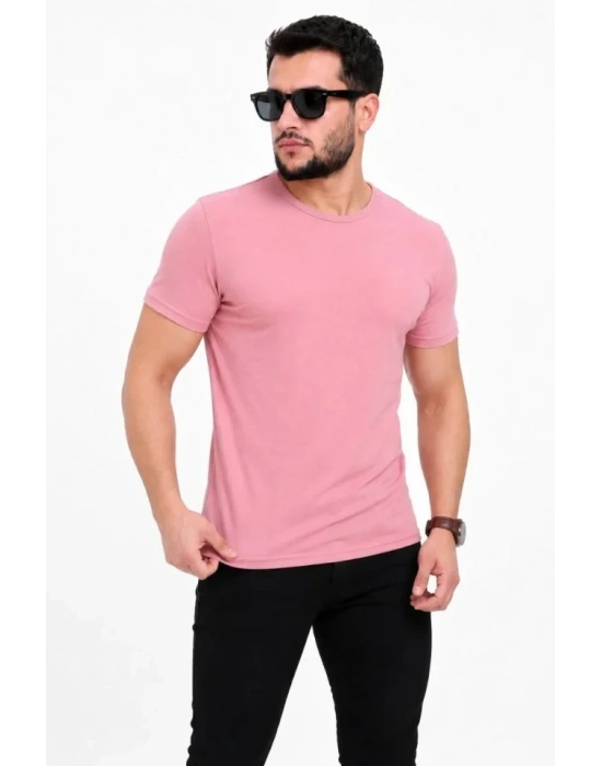 Erkek Basic Tişört Bisiklet Yaka Kısa Kol Günlük Yazlık lim Fit Thirt  Pembe