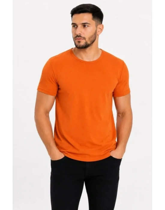 Erkek Basic Tişört Bisiklet Yaka Kısa Kol Günlük Yazlık lim Fit Thirt  Turuncu