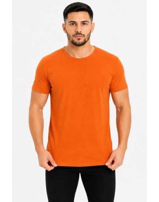 Erkek Basic Tişört Bisiklet Yaka Kısa Kol Günlük Yazlık lim Fit Thirt  Turuncu