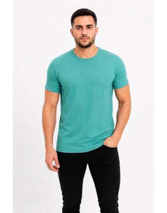 Erkek Basic Tişört Bisiklet Yaka Kısa Kol Günlük Yazlık lim Fit Thirt  u Yeşili