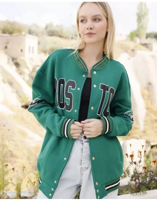 Erkek Baskılı 3 İplik İçi Pamuklu Kolej Ceket  Yeşil