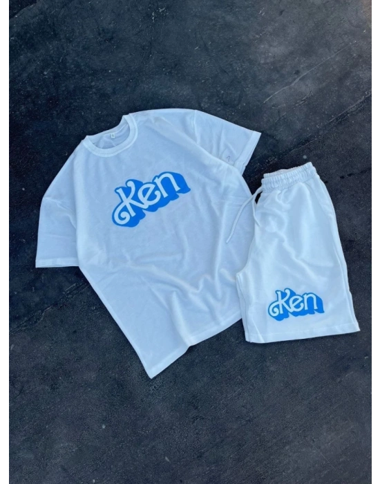 Erkek Baskılı İkili Şort Takım  Beyaz