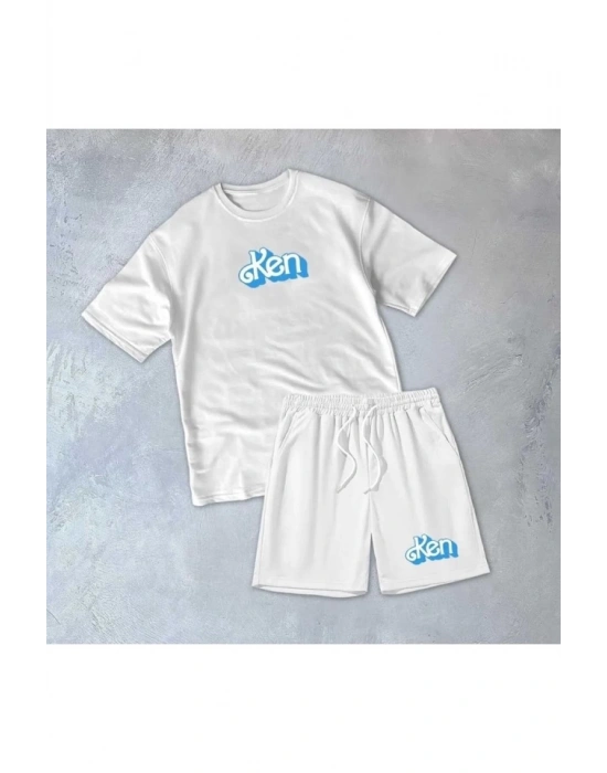 Erkek Baskılı İkili Şort Takım  Beyaz