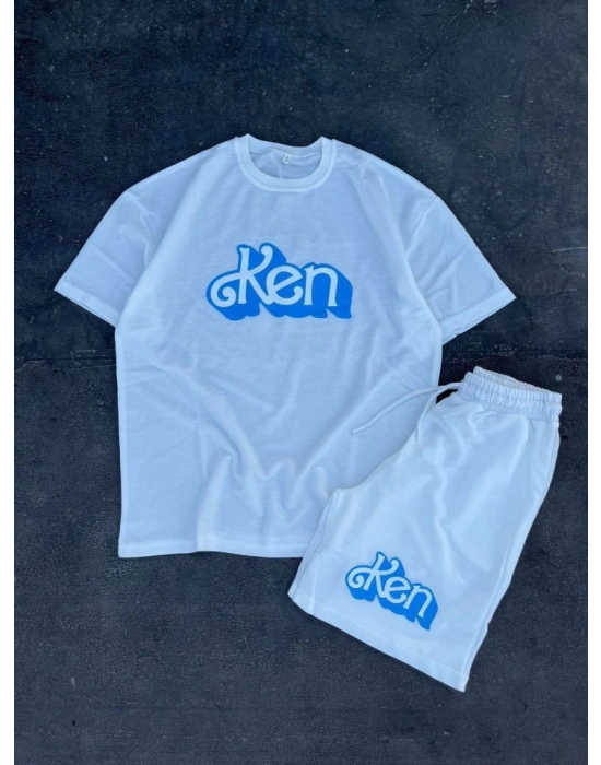 Erkek Baskılı İkili Şort Takım  Beyaz