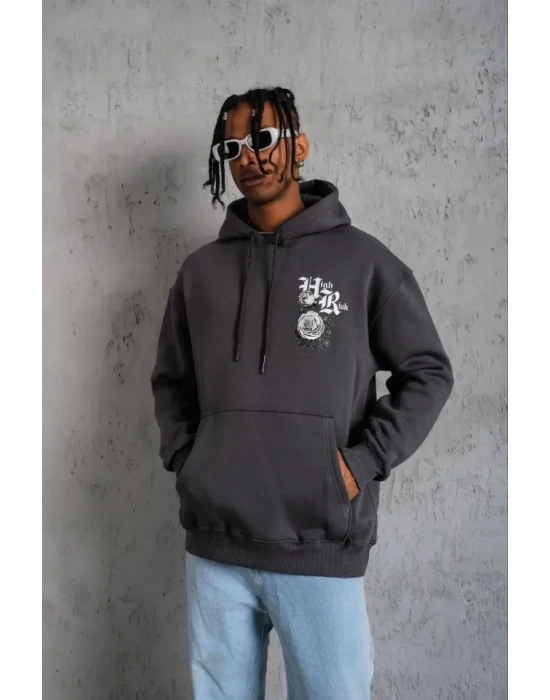 Erkek Baskılı Kapşonlu weat  Füme