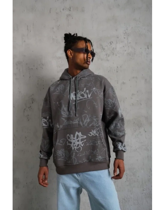 Erkek Baskılı Kapüşonlu Ribanalı weat  Gri