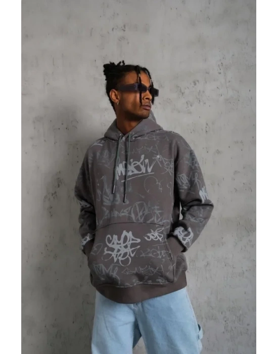 Erkek Baskılı Kapüşonlu Ribanalı weat  Gri