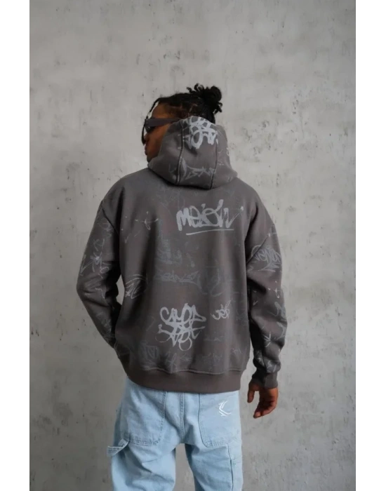 Erkek Baskılı Kapüşonlu Ribanalı weat  Gri